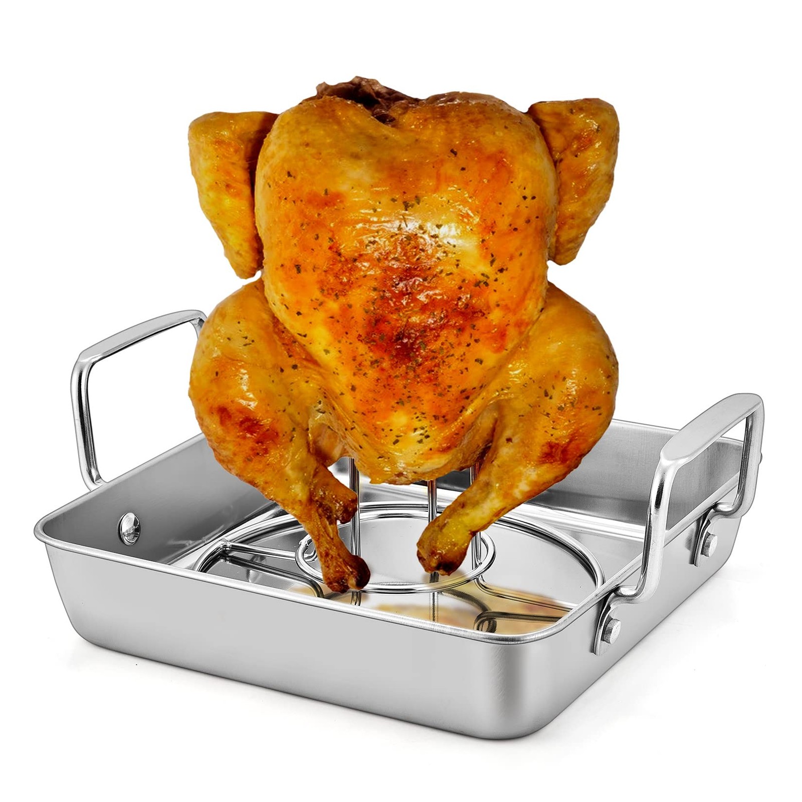 Roasting Pan with Rack, P&P CHEF Beer Can Chicken Roaster 9-inch Stainless Steel