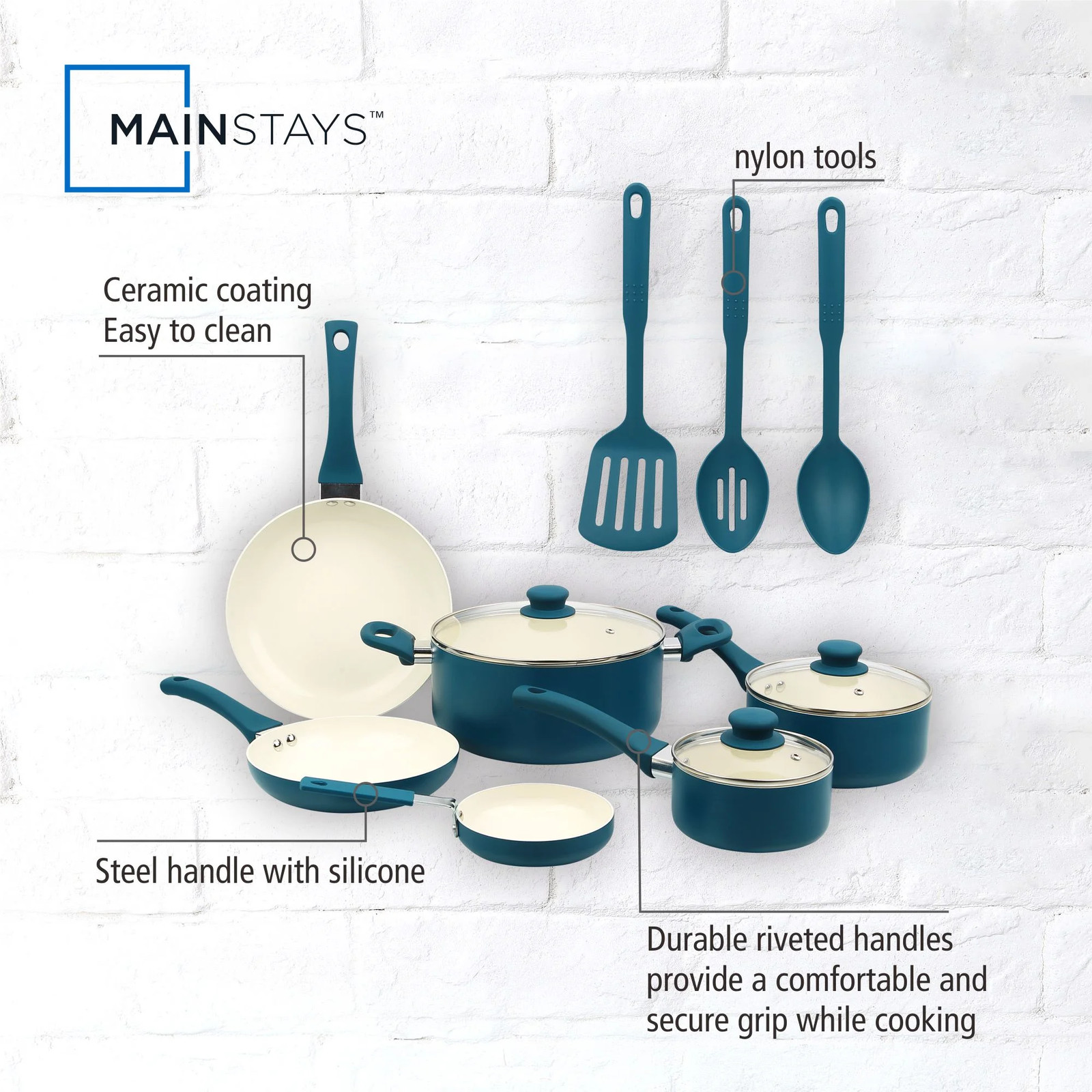 12 Piece Ceramic Nonstick Aluminum Pots and Pans Cookware Set, Blue