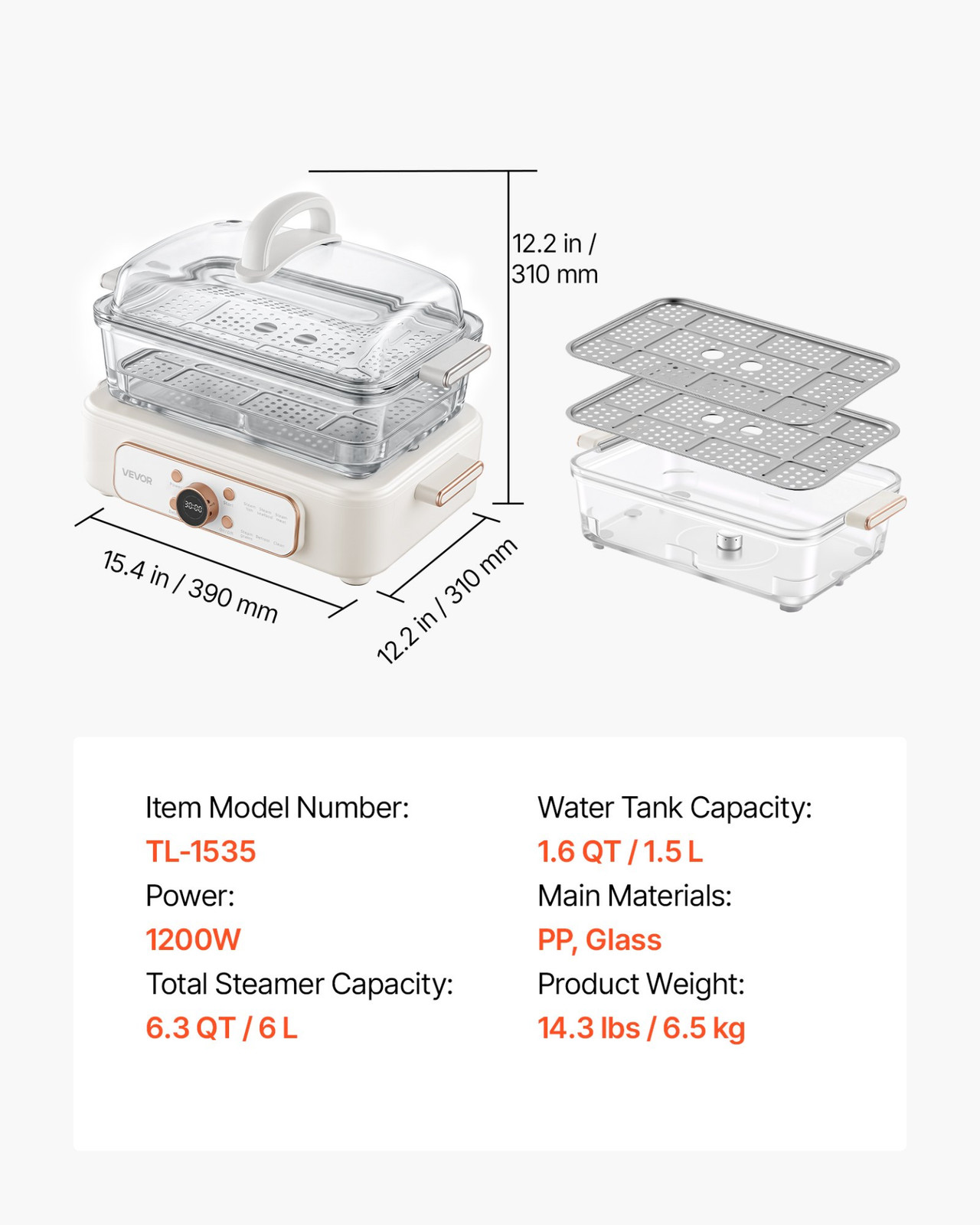 6.3QT Electric Food Steamer 2 Tier Stainless Trays 1200W White Cooker