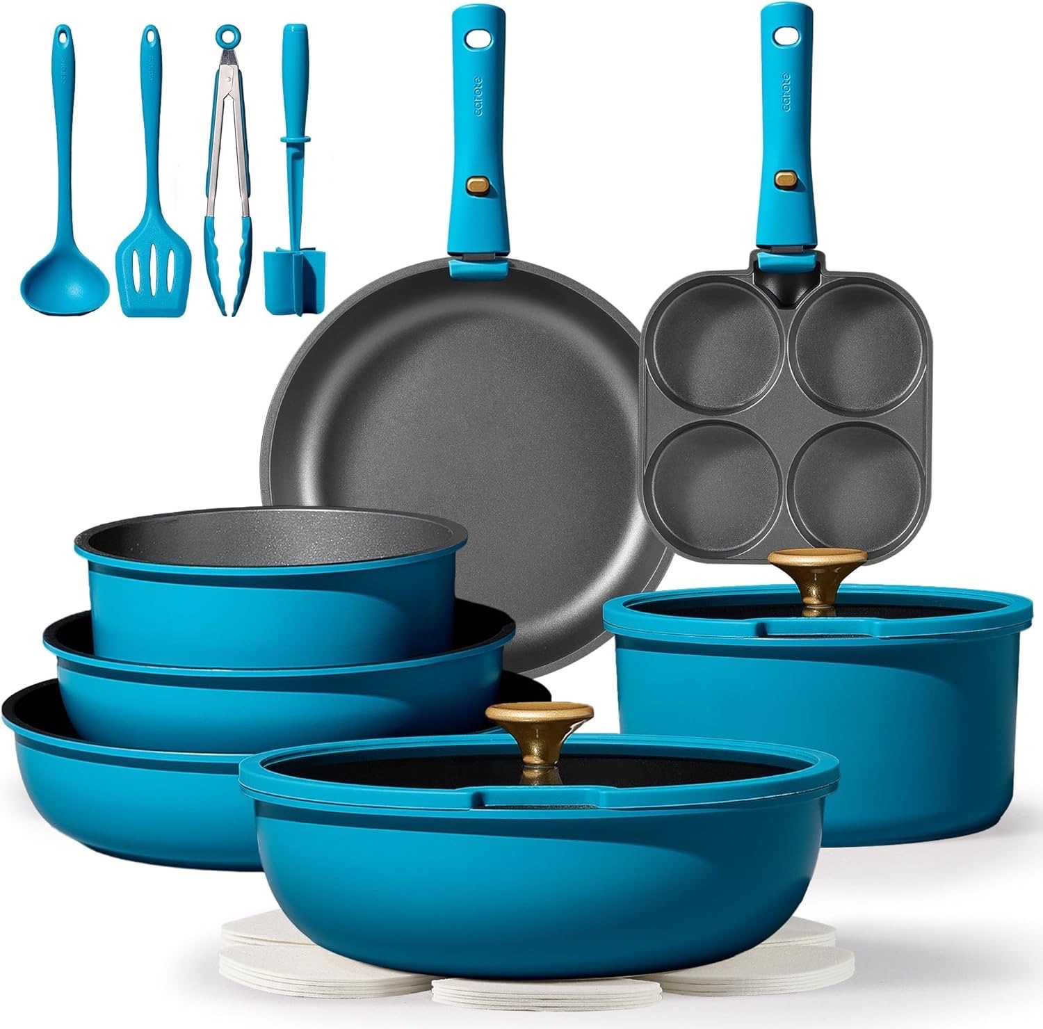 21pc Nonstick Cookware Set Detachable Handle Utensils & Accessories Peacock Blue