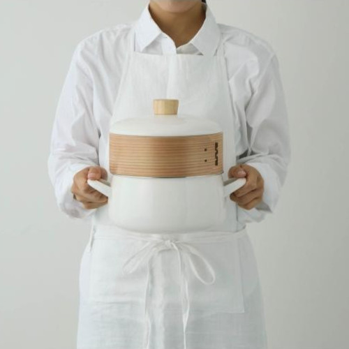 FUJIHORO Enamel Pot with Steamer Insert 7.8in & 7.0in White Greige JAPAN NEW