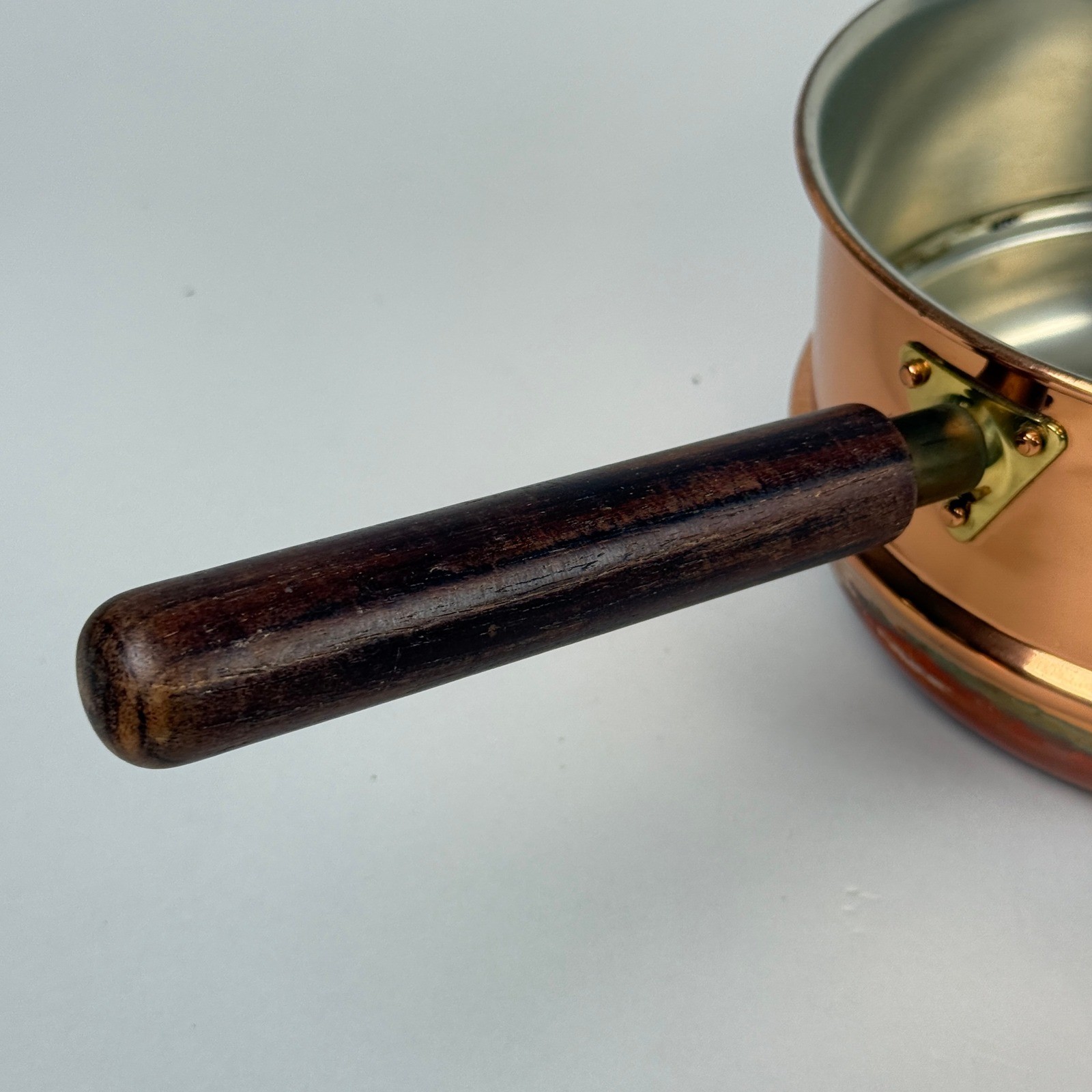Vintage Copper Double Boiler Pot with Wood Handle and Stand Fondue Set