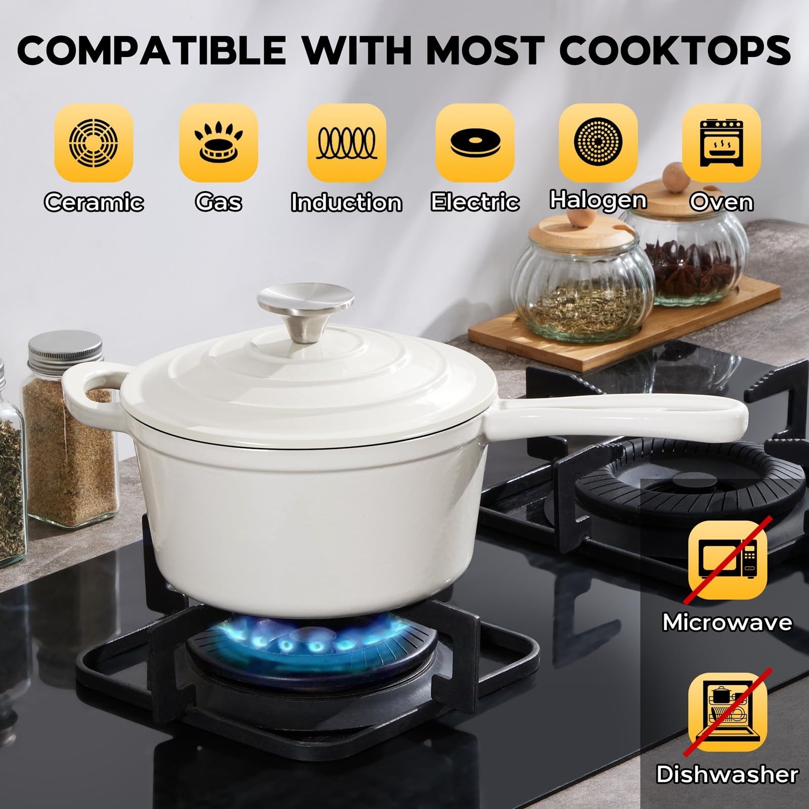 Enameled Cast Iron Saucepan 2 Quart – Oven Safe 500°F, Self Basting Lid