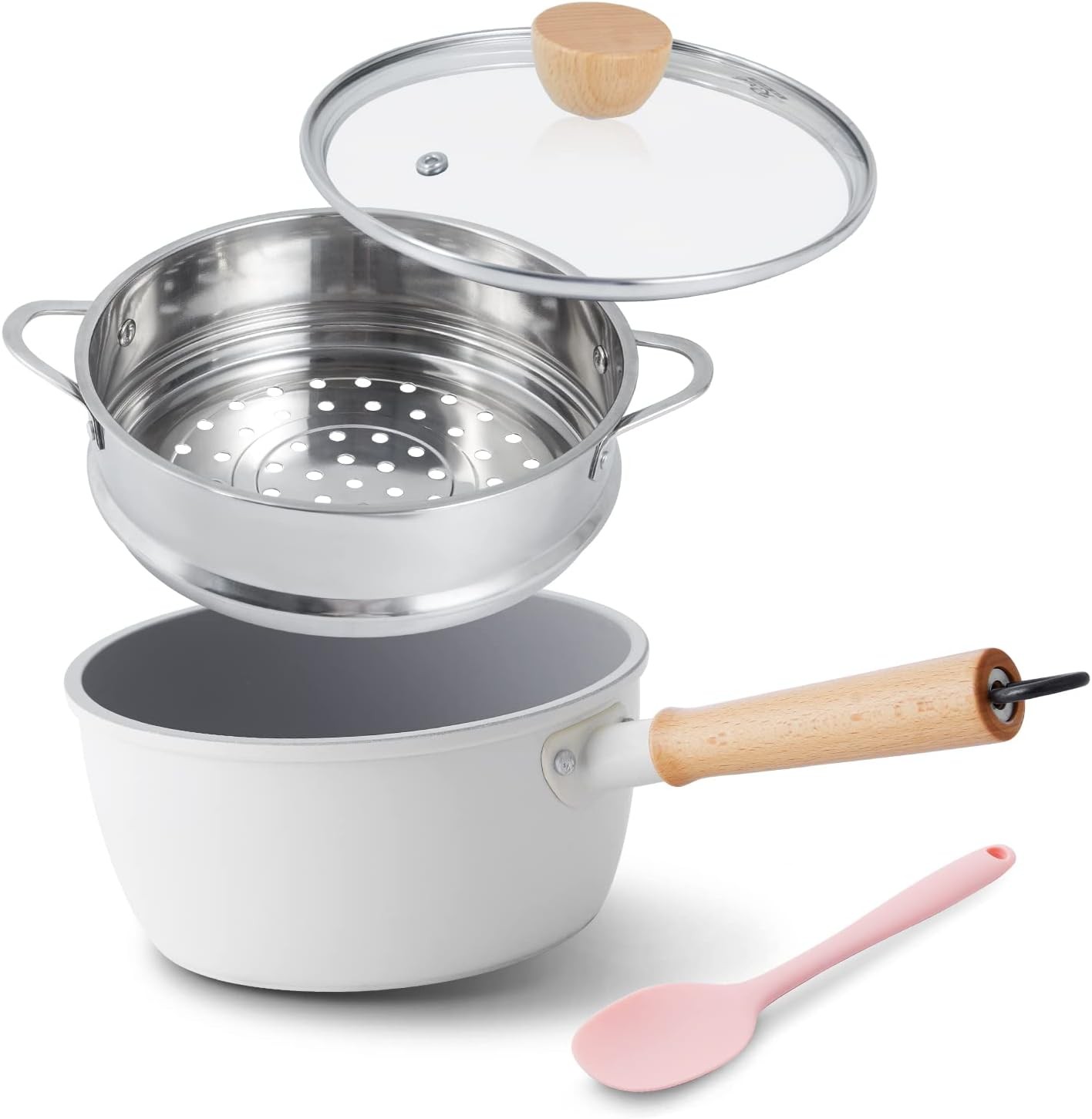 Ceramic Nonstick Sauce Pan 3 QT Pot W/ Steamer Non Toxic & PFAS-Free Wooden