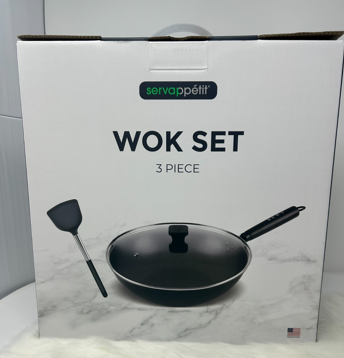 Servappétit Servappetit Wok Set 3 Piece Nonstick Pan Glass Lid Spatula NEW