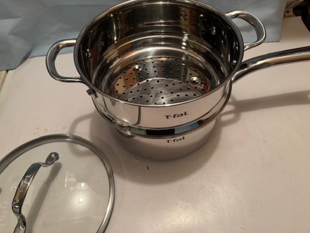 NEW T-FAL TRI PLY STAINLESS STEEL 3.2 QT SAUCEPAN W/ STEAMER & LID GAS/ELECT +