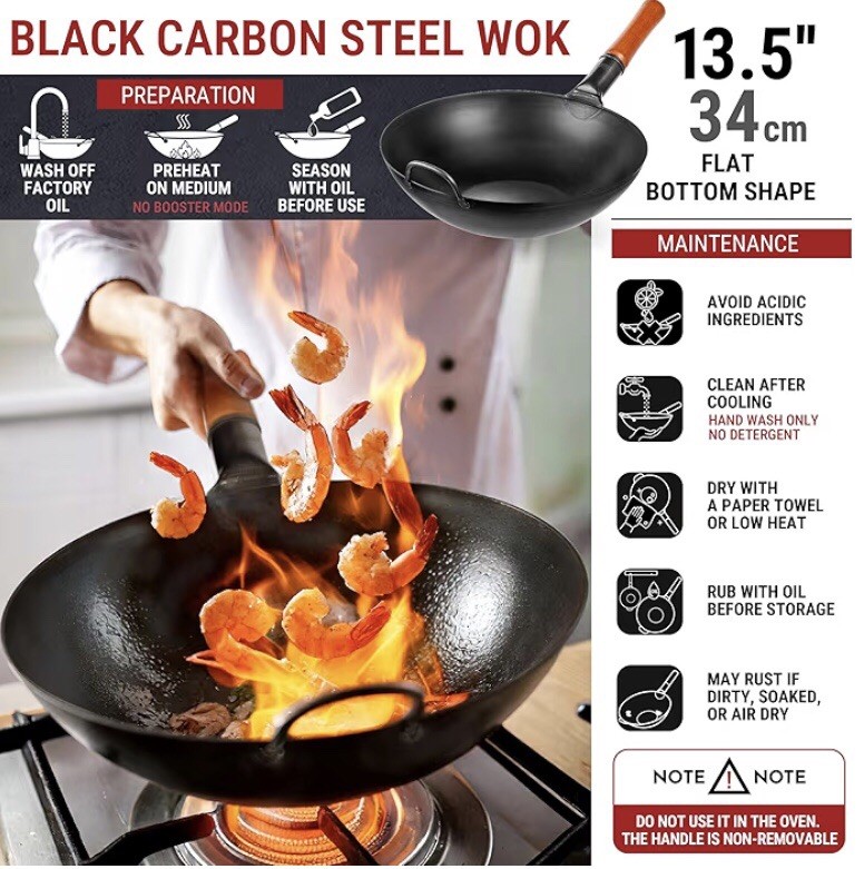 YOSUKATA Black Carbon Steel Wok Flat Bottom Pan Pre-Seasoned 13.5″/34cm NEW