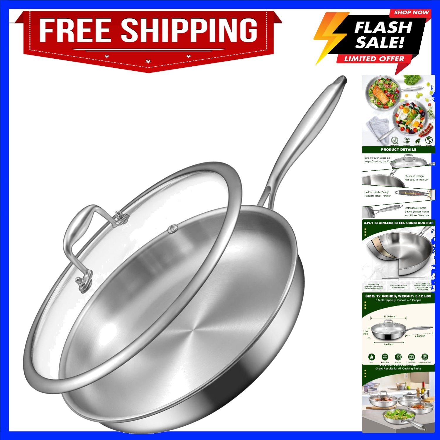 12 Inch Tri-Ply Stainless Steel Frying Pan, Compatible with All Cooktops Up t…