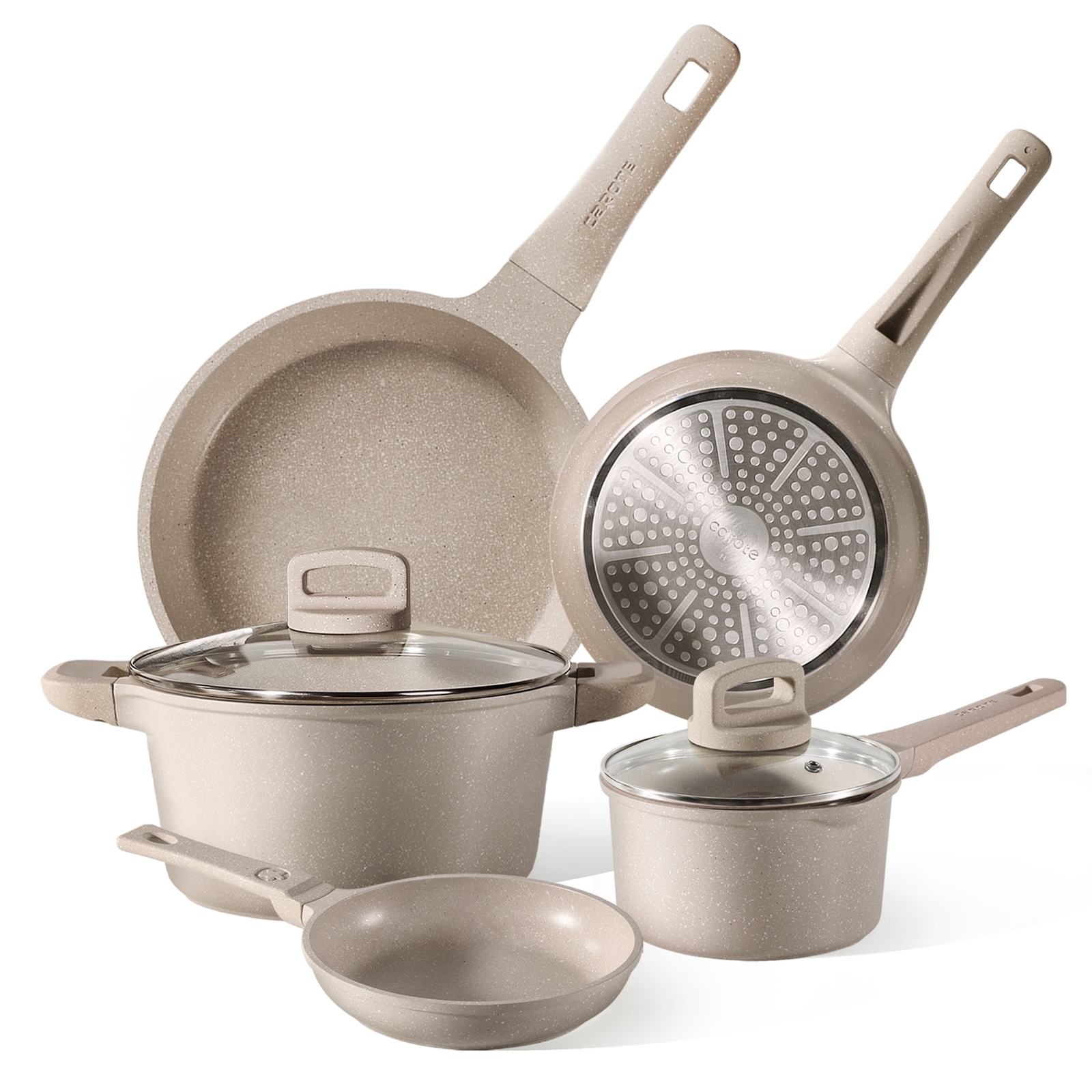 Carote 7-Piece Nonstick Cookware Complete Set, Induction Ready, Taupe Granite