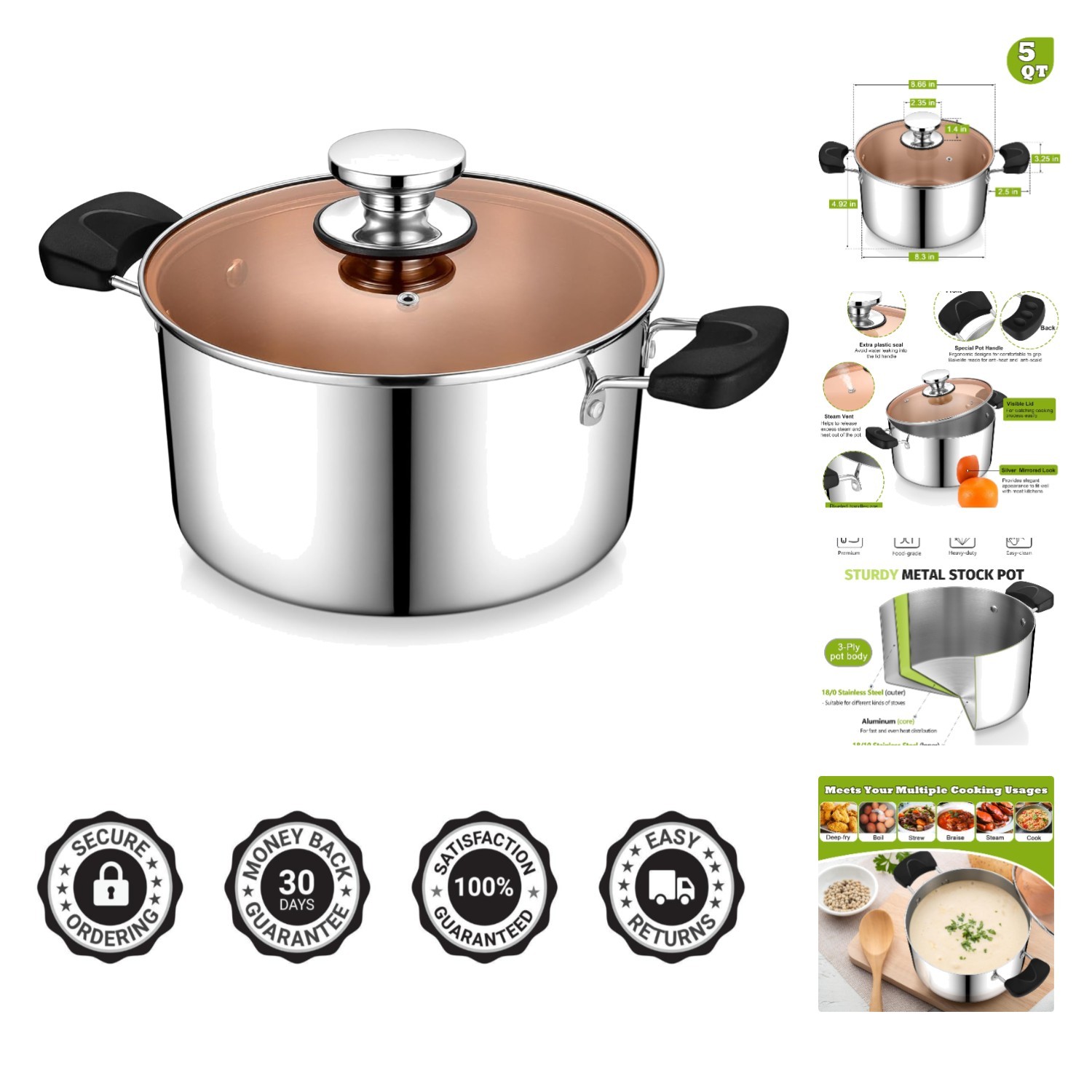 5 Quart 3-Ply Cooking Stock Pot with Lid, Stainless Steel Large Pot for Pasta…