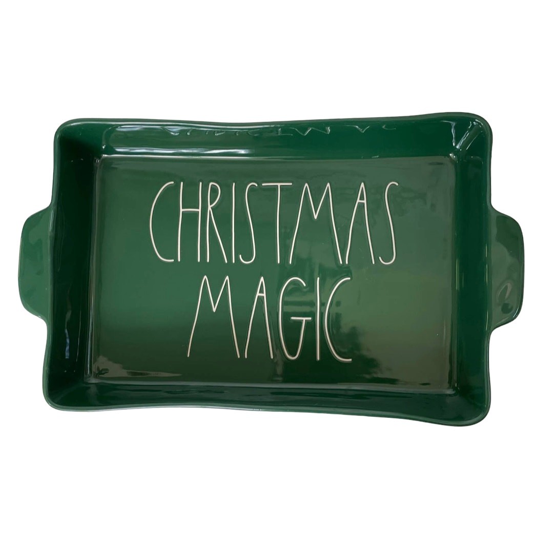 Rae Dunn Christmas Magic Lasagna Dish Ceramic Baking Green Magenta FLAW CHIPPED