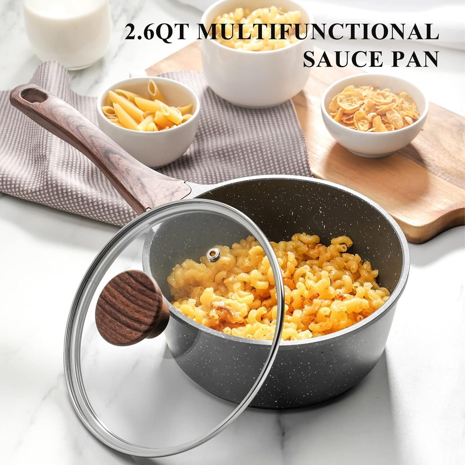 Swiss Nonstick Granite Coated Saucepan – 2.5 Quart Medium Pot with Glass Lid
