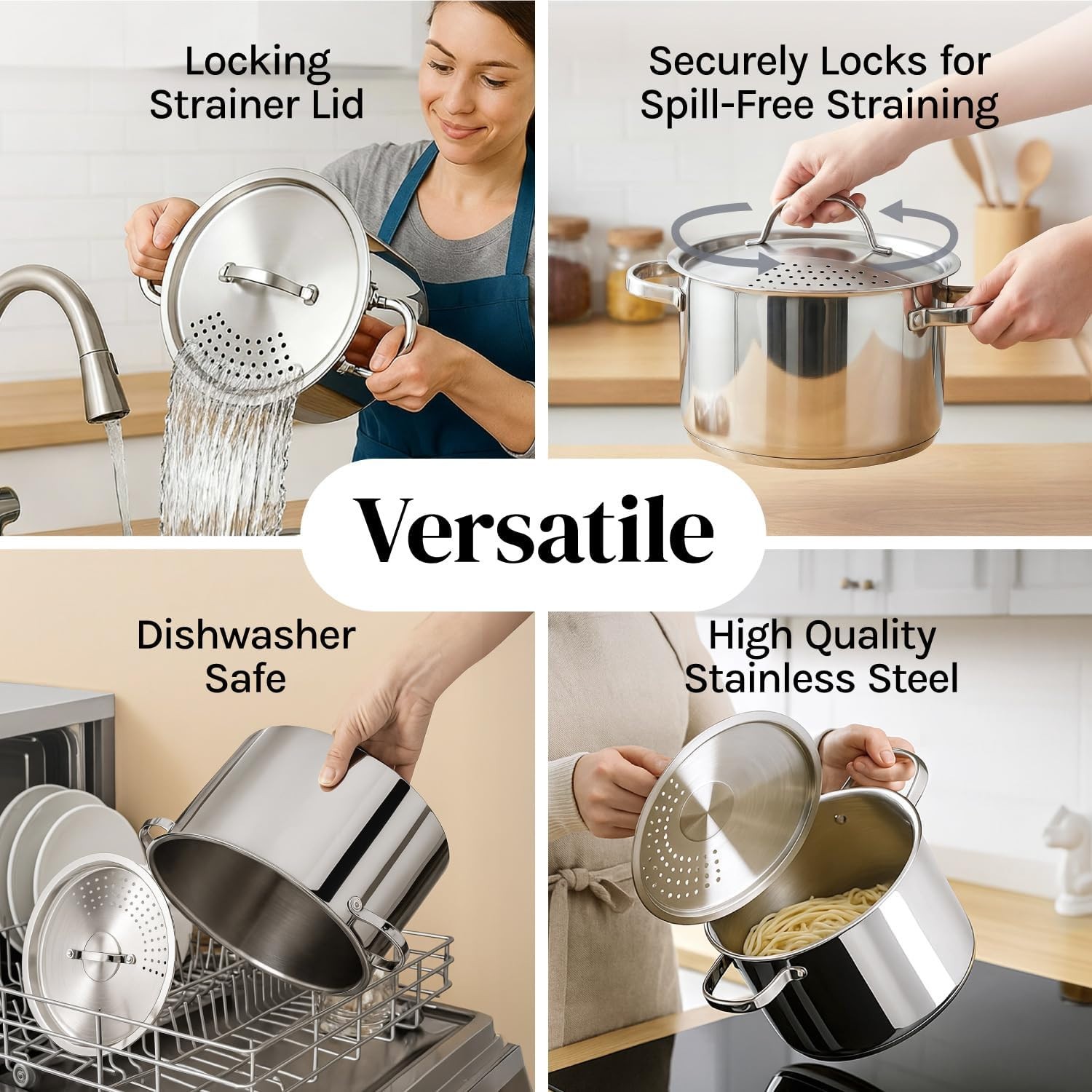 Stainless Steel Pasta Pot with Strainer Lid — 5.5 Qt Large Capacity Spaghetti Po