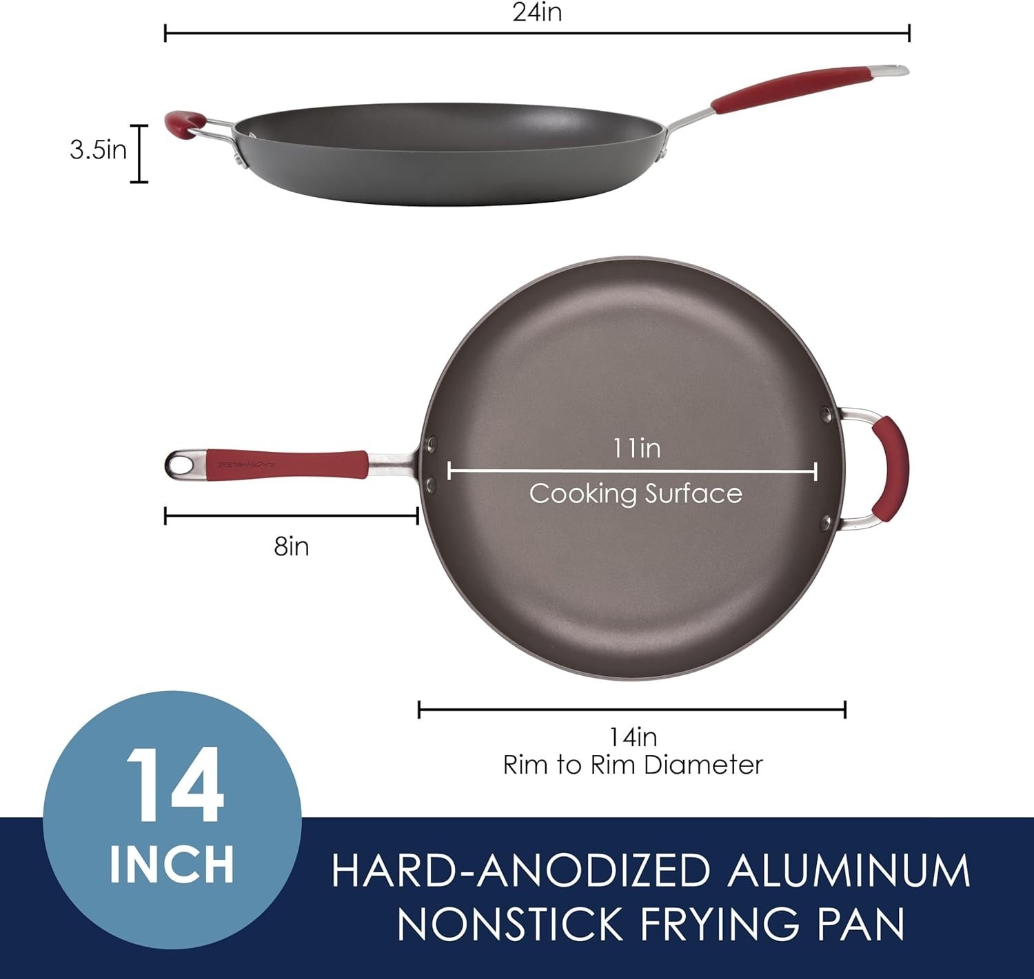 New Cucina 14″ Hard Anodized Nonstick Frying Pan Gray Red Handles