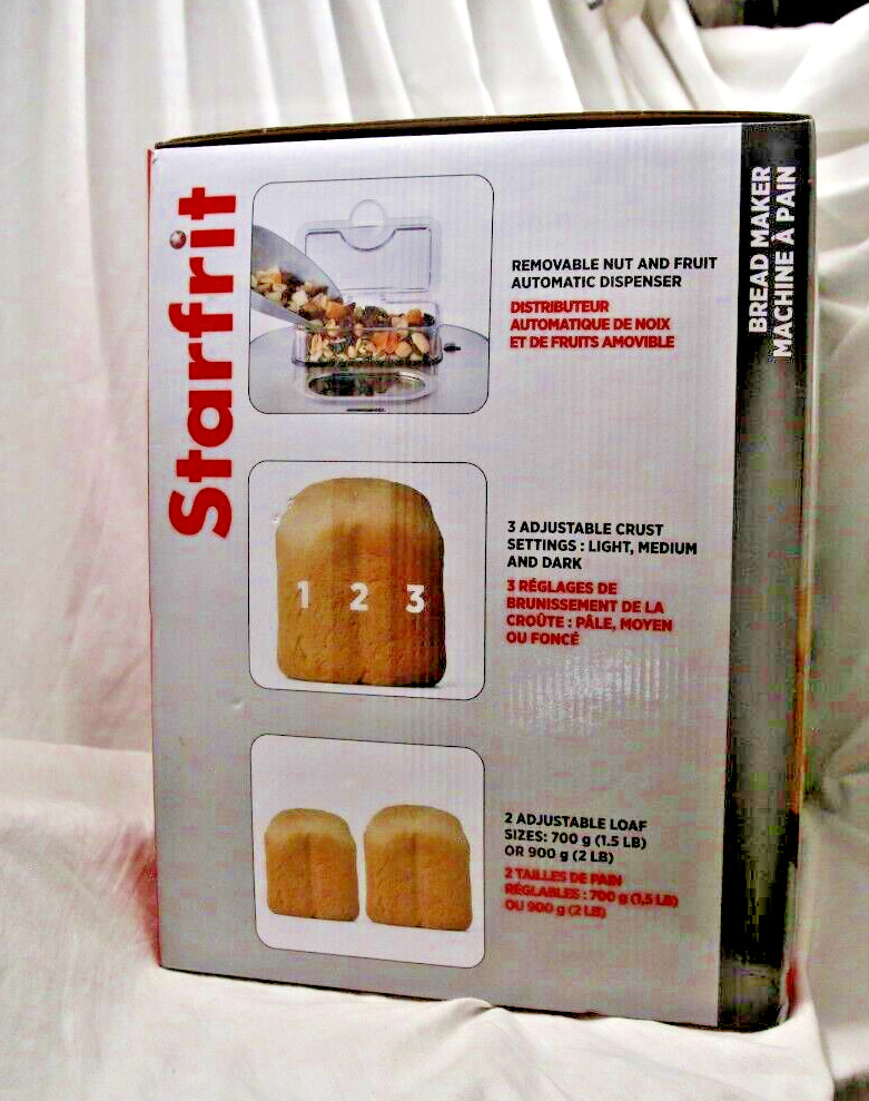 Starfrit bread machine, 2 lb loaf, automatically adds fruits & nuts, 13 presets