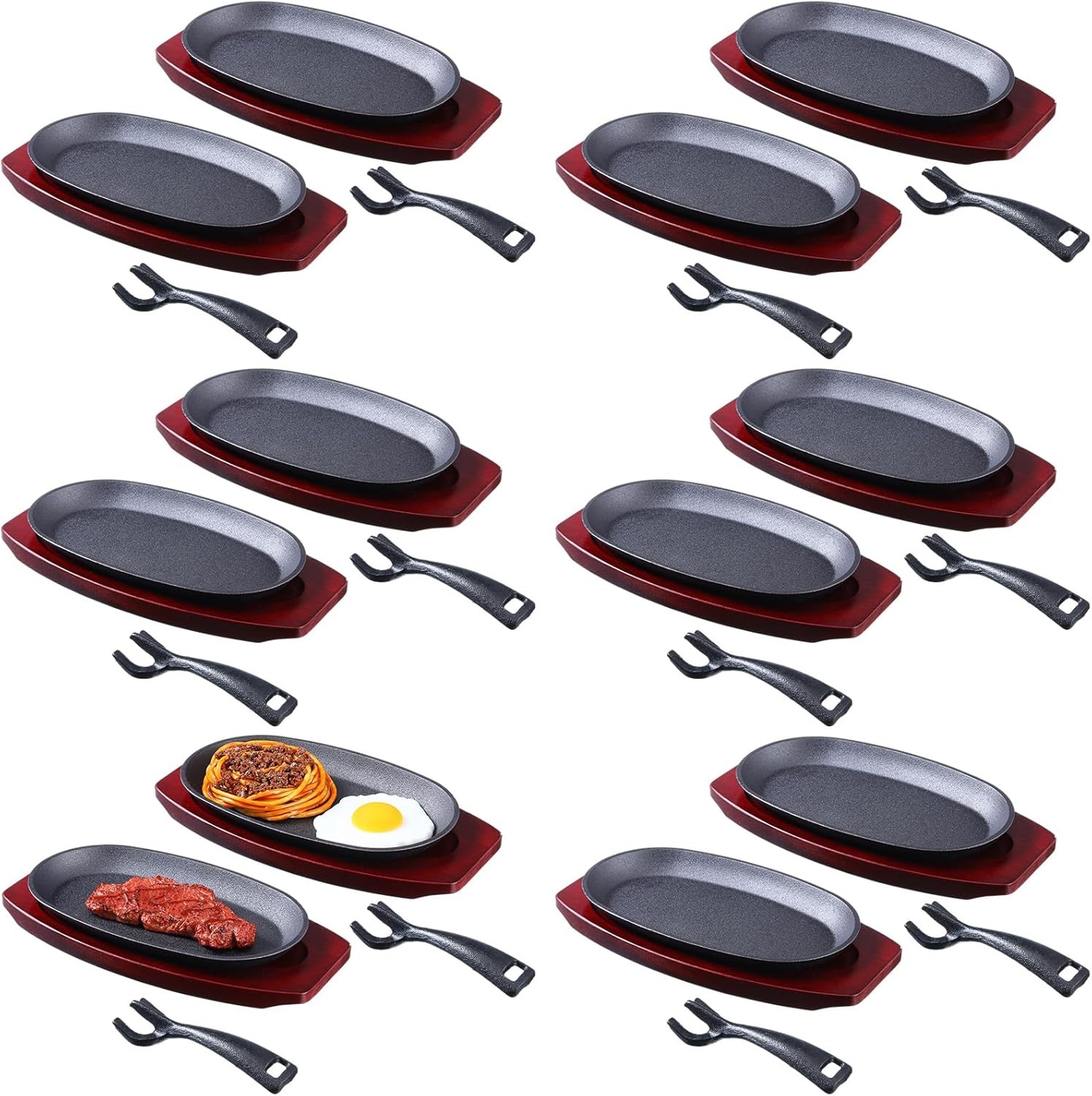 12 Pcs Oval Cast Iron Fajita Skillet Pan Set Small Sizzling Steak Plate with