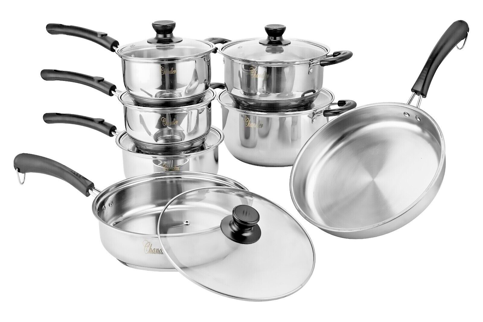 Chandler Stainless Steel Cookware Set,13-piece Pots and Pans with Tempered Glass