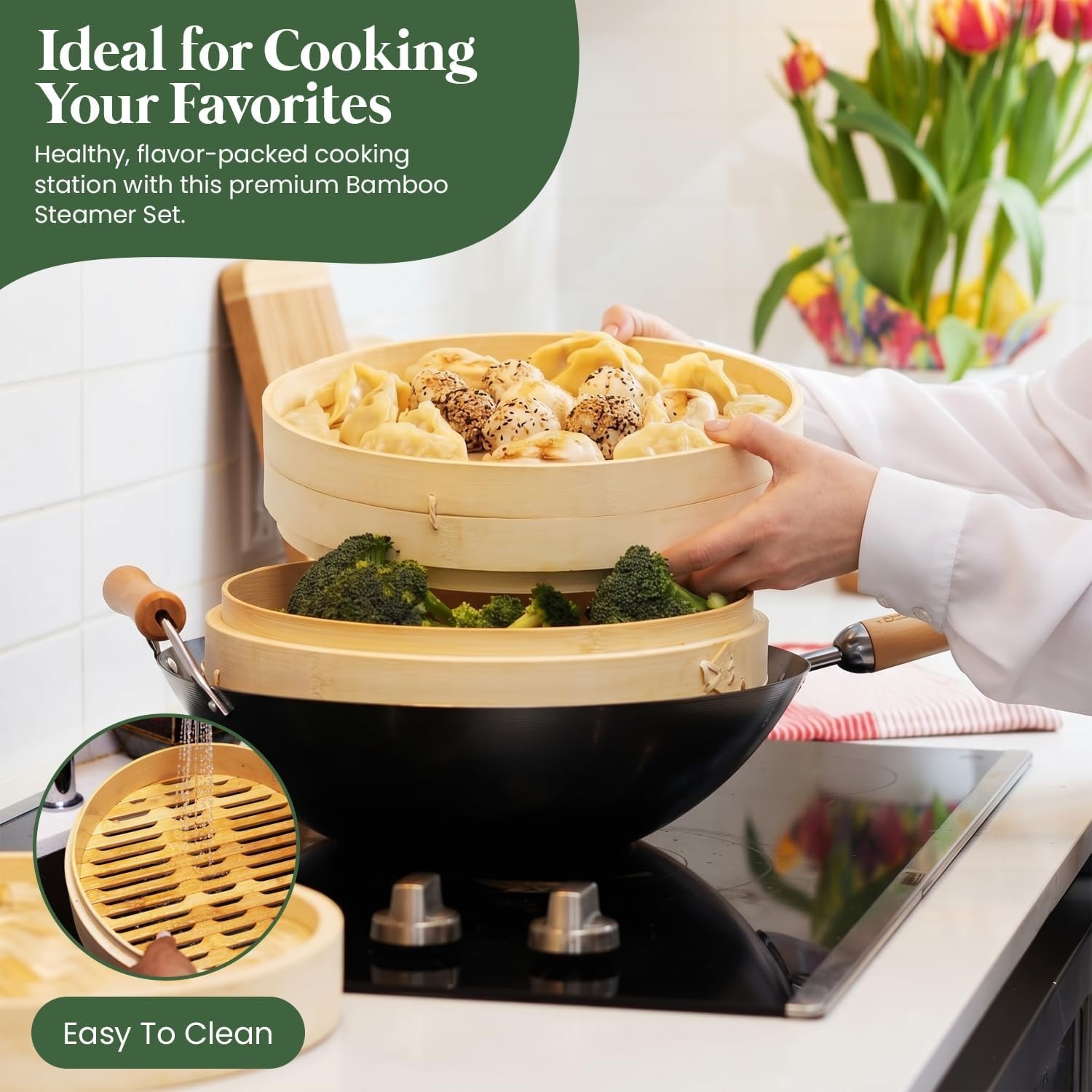 Lightweight Food Steamer Baskets Eco-Friendly Bamboo Steamer for Steaming
