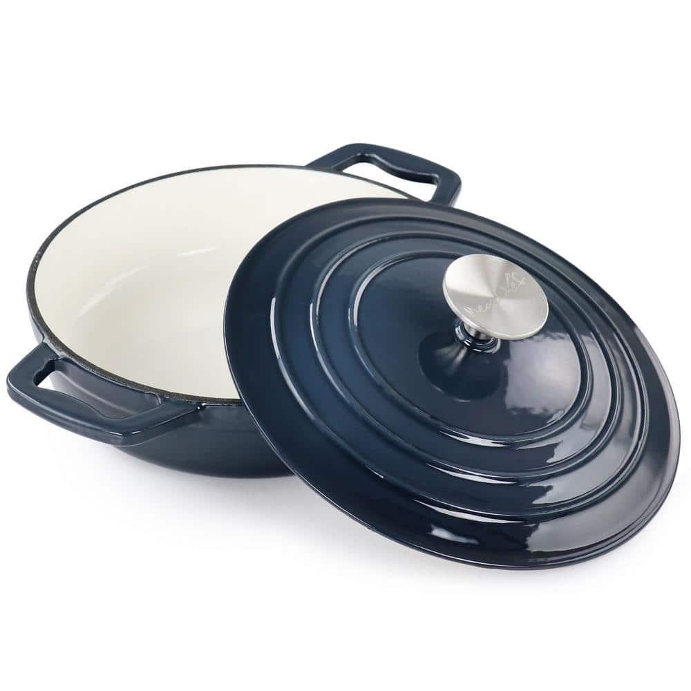 MegaChef Braiser Pan 2 qt Round Enameled Cast Iron Dark Blue Non-Stick Oven Safe