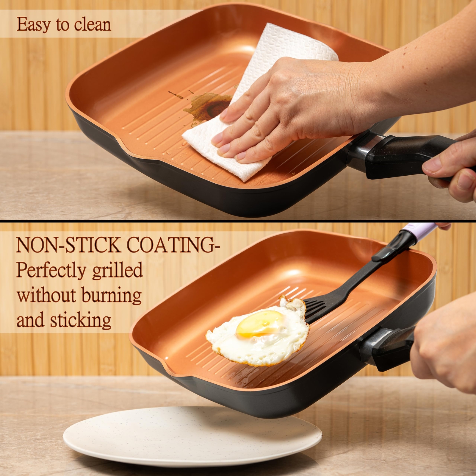 Square Grill Pan For Indoor Cooking 9.5in Frying Pan Copper Nonstick Saute Fry P