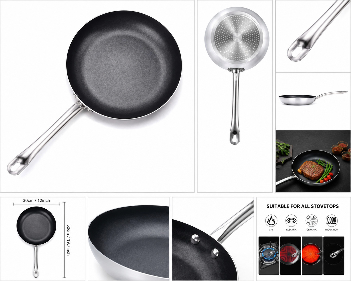 12 Inch Nonstick Frying Pan Aluminum Alloy Stainless Steel Steak Skillet