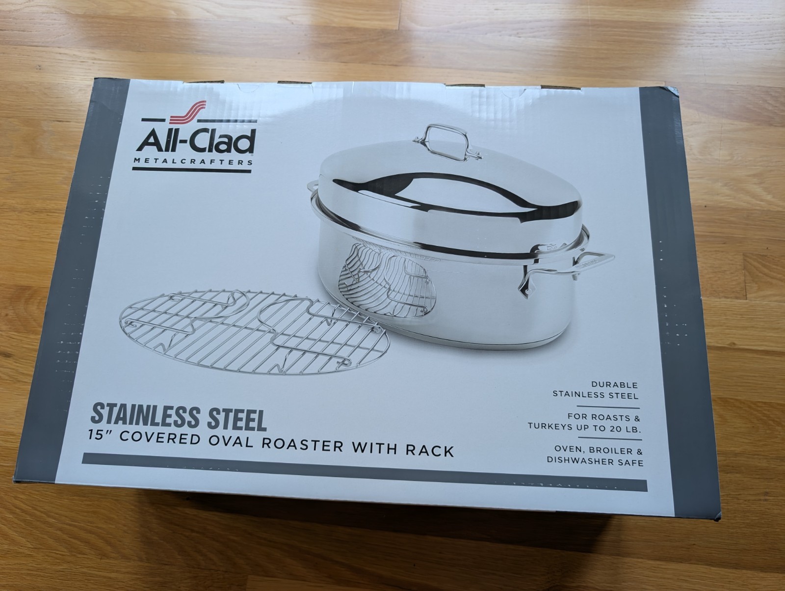 All-Clad oval 15in covered stainless steel roaster with rack