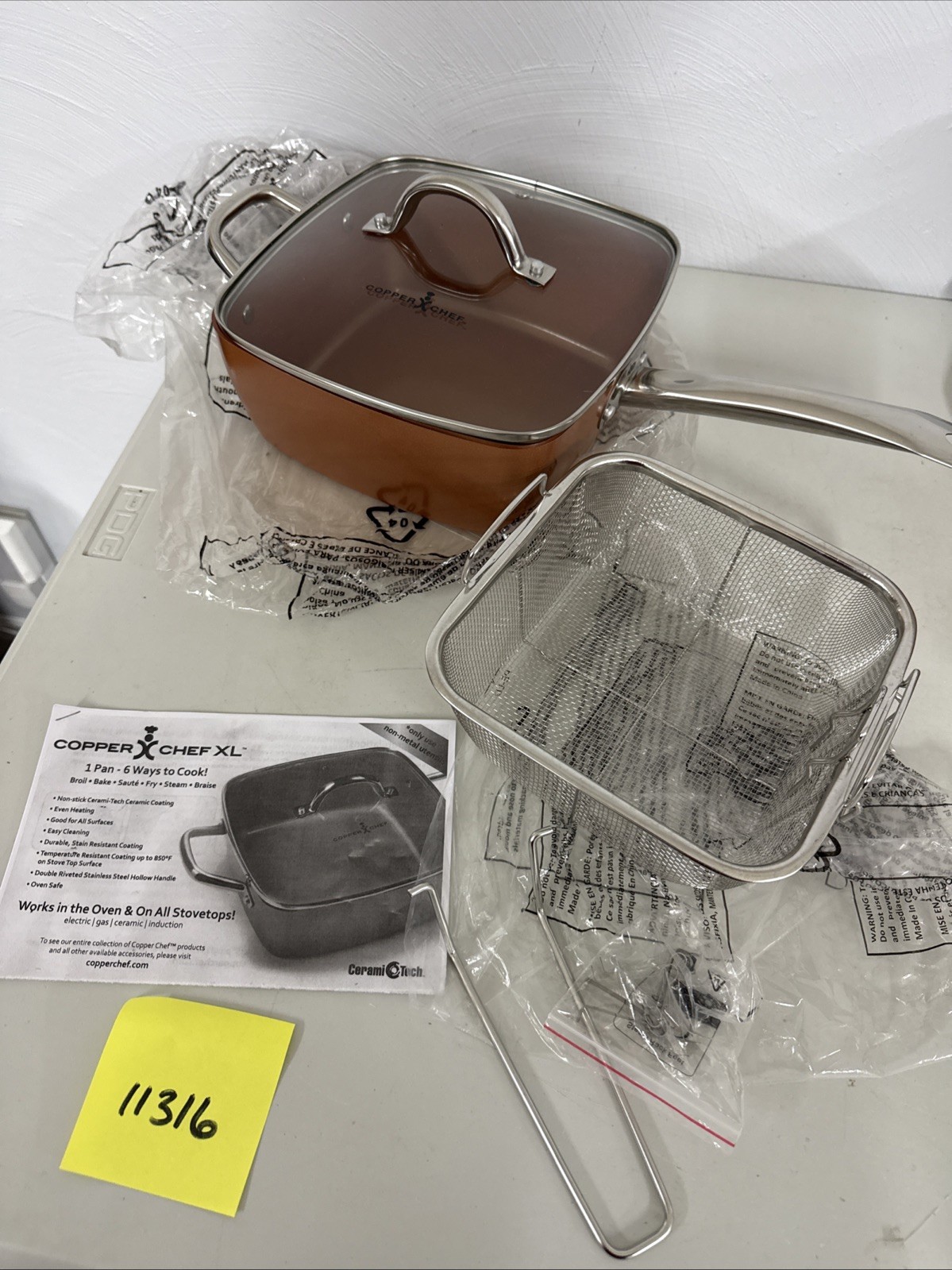 Copper Chef 9.5″ Square 4″ Deep Fry Pan Skillet Glass Lid, Basket &ibooklet NEW