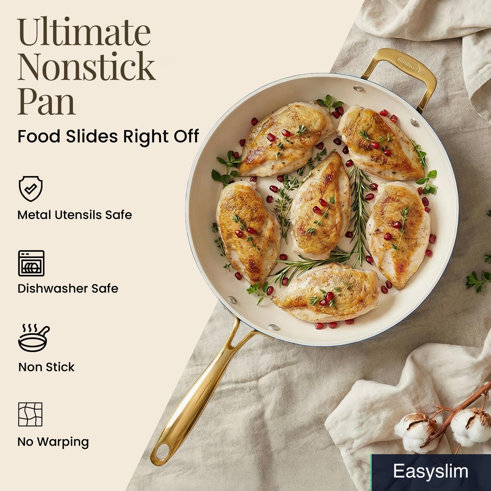 Frying Pan, 14 Inch, Ceramic Nonstick, Cream Navy, Oven Safe 500°F