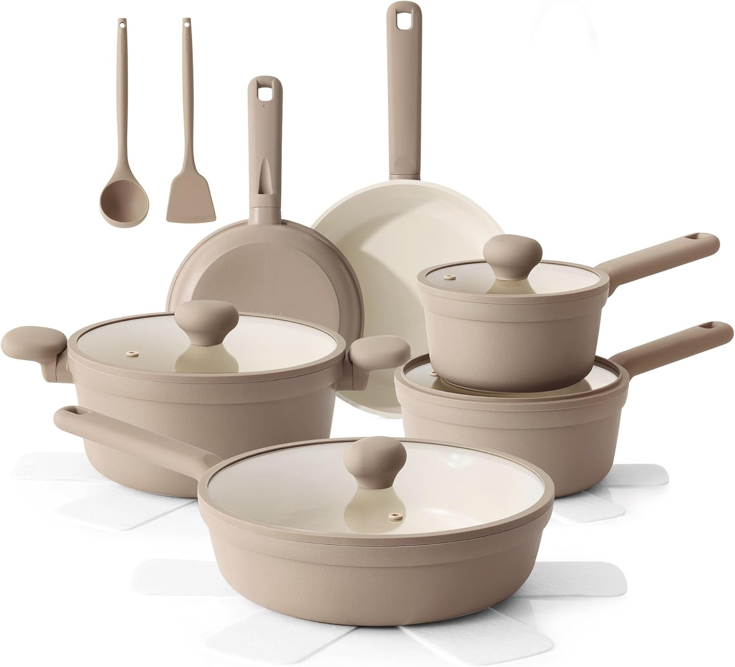 Ceramic Nonstick Pots and Pans Set 17Pcs Healthy Cookware Taupe