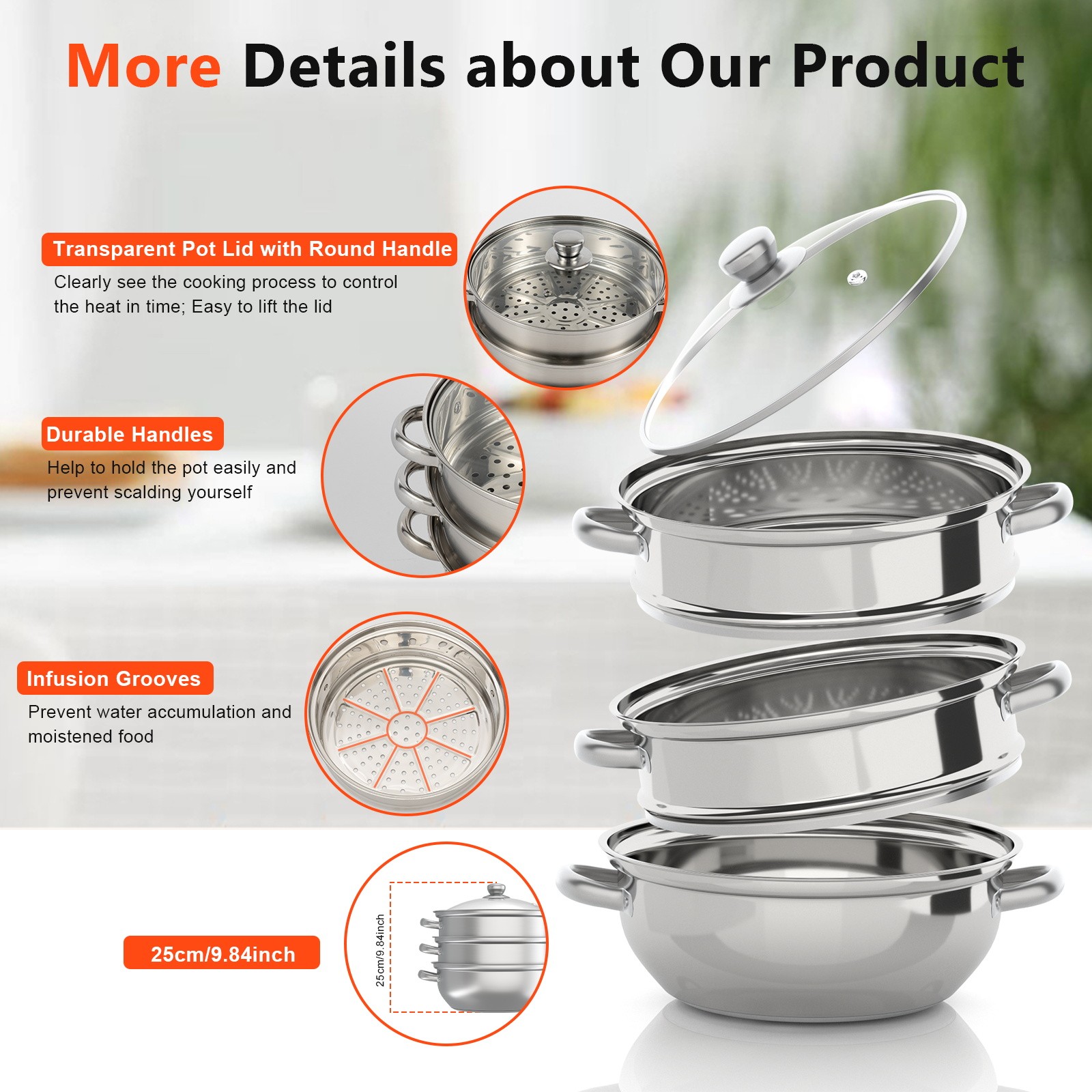 3 Tier Food Steamer Stainless Steel Vegetable Cooker Kitchen Steaming Rice Pot
