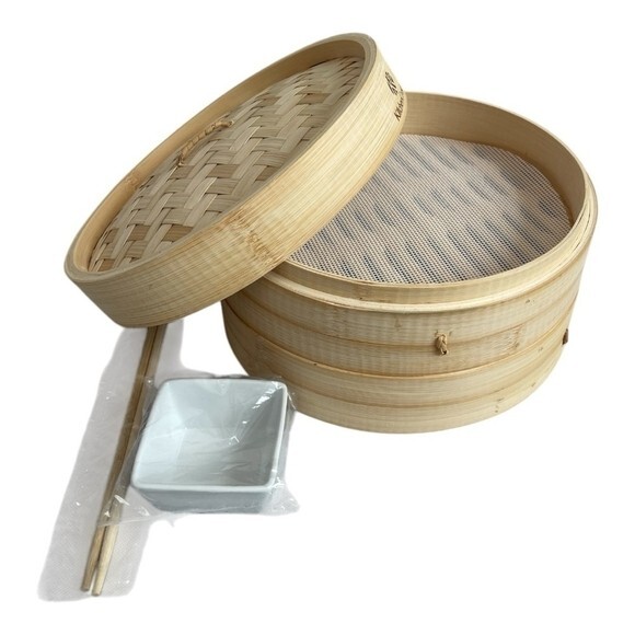 KitchenCrust 10″ 2-Tier Bamboo Steamer Set with Chopsticks Sauce Dish NOB