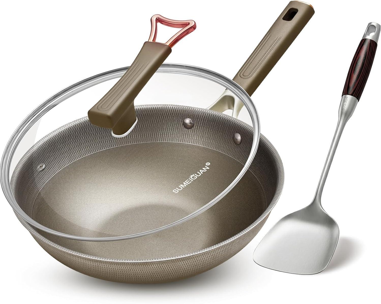 13″ Titanium Wok Pan with Lid,Non-stick Flat Bottom Titanium | PFAS & PFOA