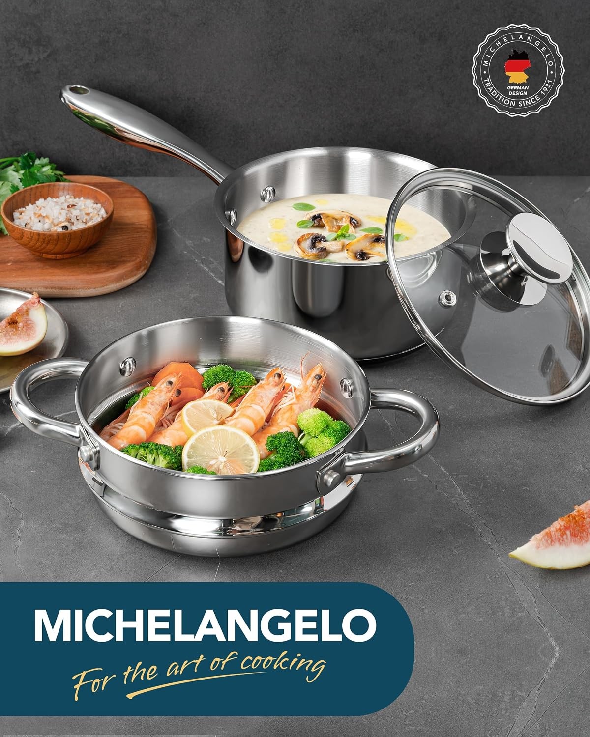 1.5 Quart Saucepan with Steamer, Stainless Steel Saucepan with Lid, Triply