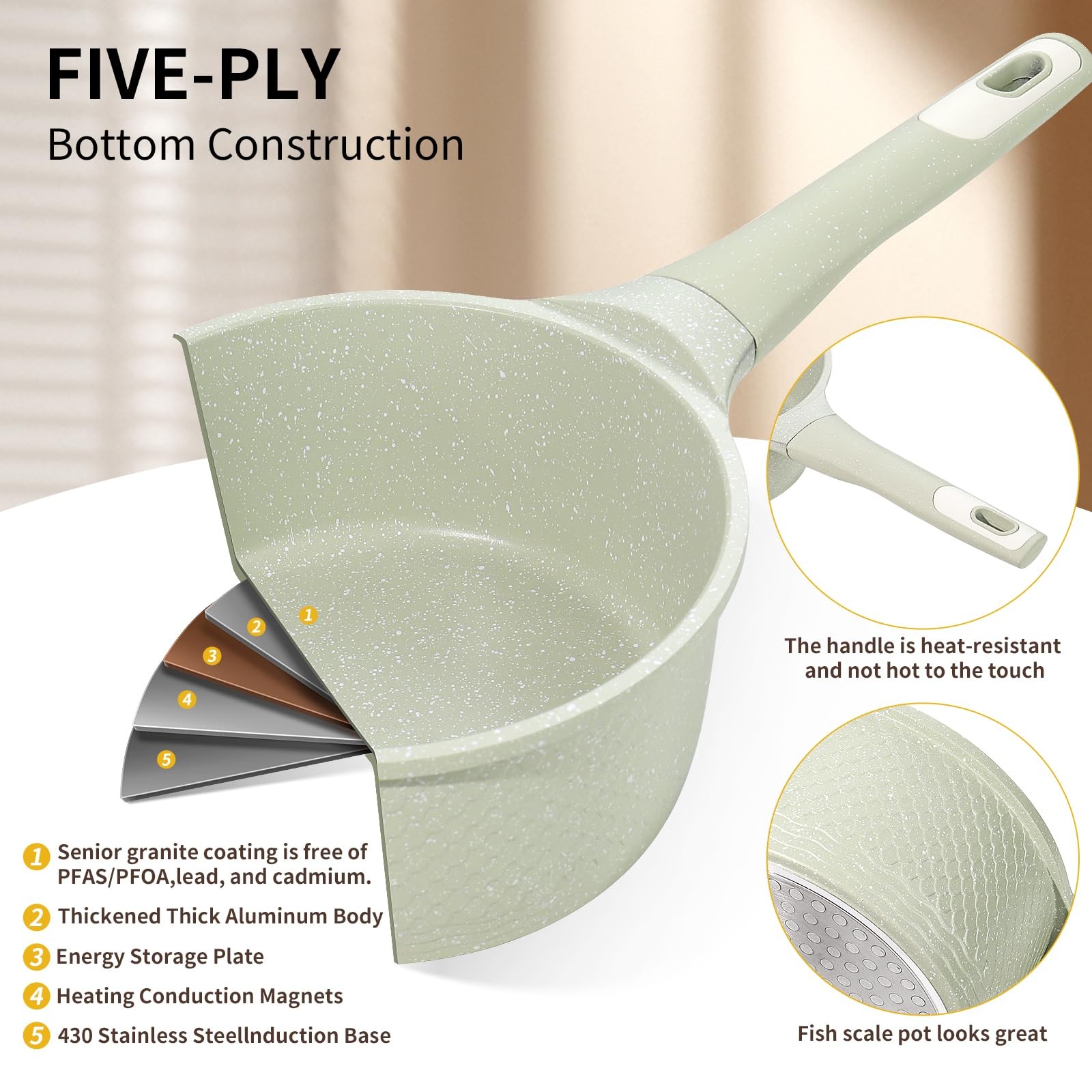 Green Granite 4 Pcs 1.5Qt & 2.0Qt Non Stick Saucepan Set With Lid Pots