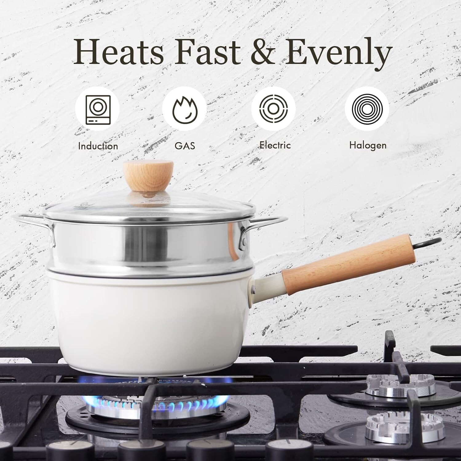 Ceramic Nonstick Sauce Pan, 3 QT Pot with Steamer, Wooden Handle, Universal Base