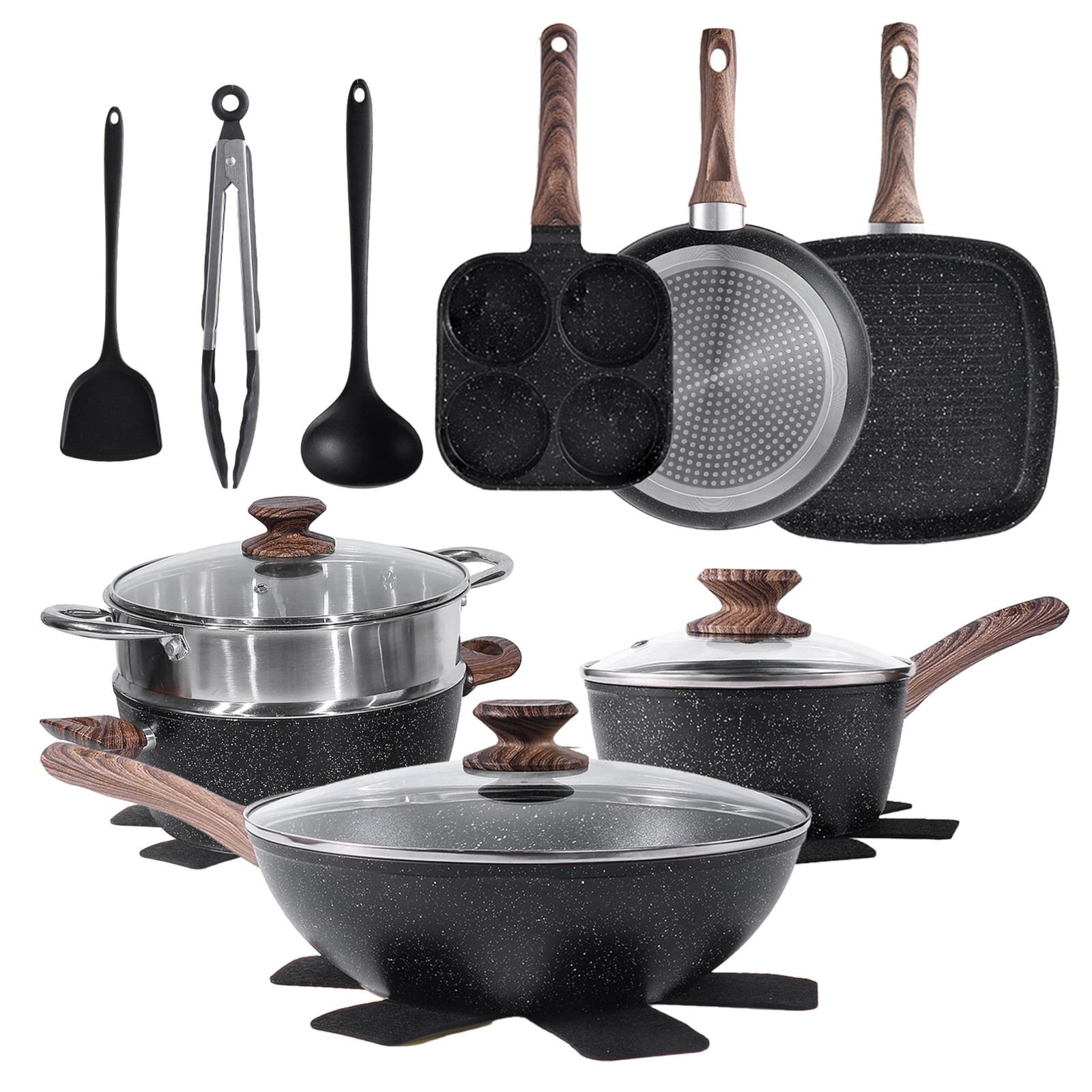 17Pcs Ceramic Cookware Set, Nonstick & Non-Toxic Healthy Pots and Pans Black