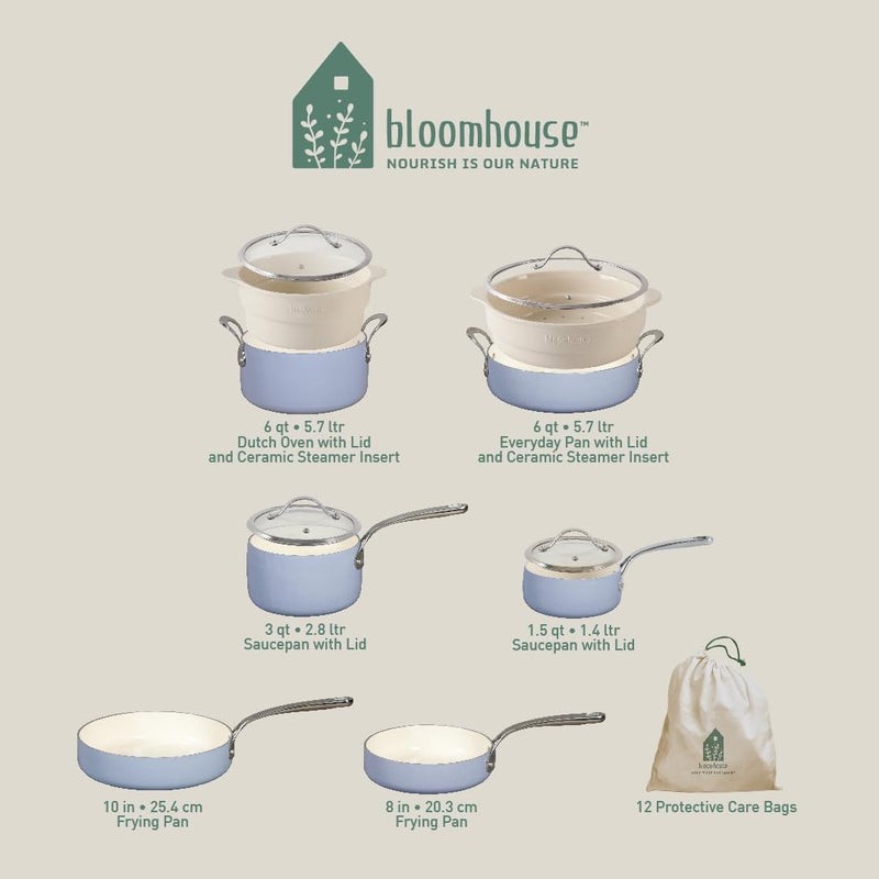 Bloomhouse 12 Pc Ceramic Nonstick Cookware Set Steamer Blue Aluminum Pots