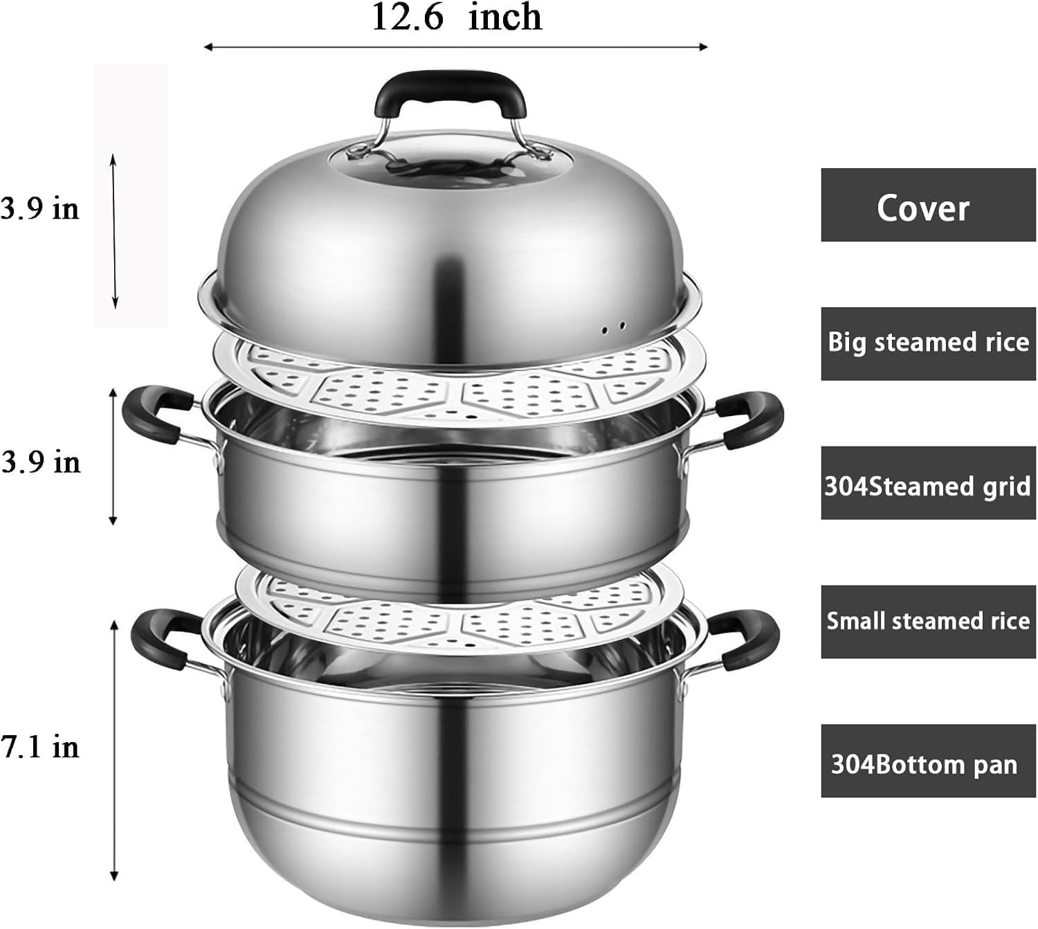 3-Tier Steamer Pot for Cooking Stainless Steel Steam Pot with Lid 12.6Inch
