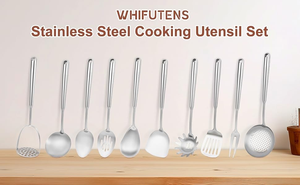 18 10 Stainless Steel Cooking Utensils Set, 10pcs Long Metal Kitchen Utensils
