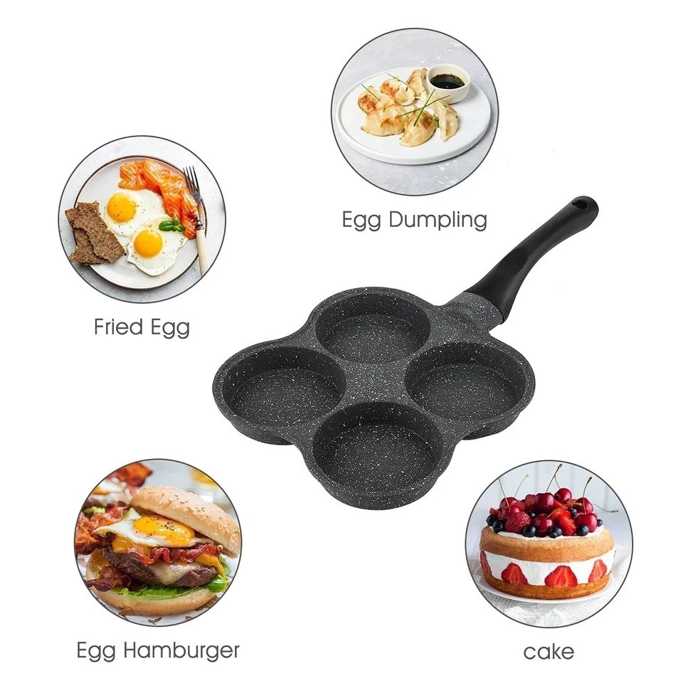 4 Hole Cup Egg Hamburger Pancake Maker Non-Stick Frying Pan with Wooden Handle