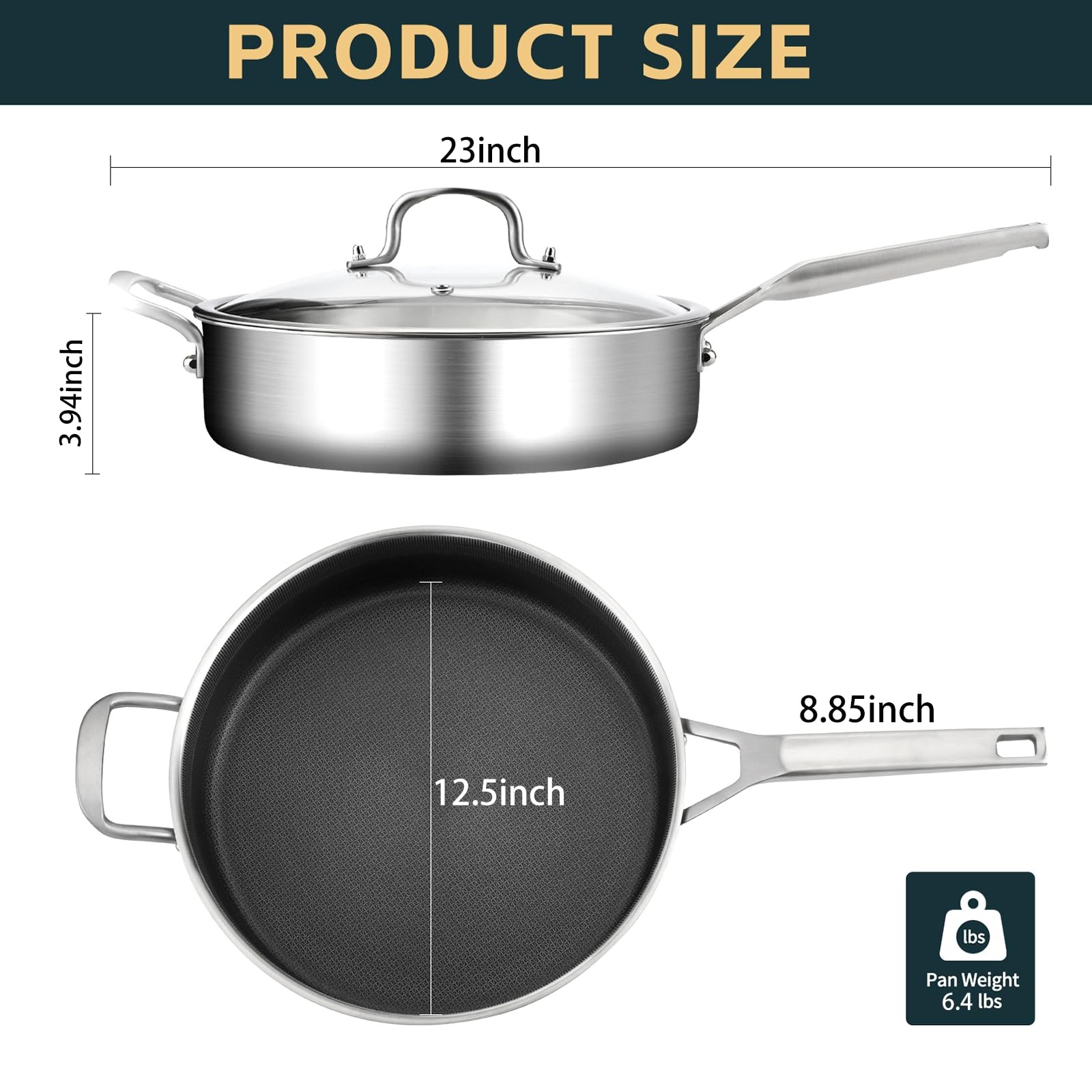 Yeksum 7 Quarts Saute Pan Lids Nonstick 12 Inch Deep Frying Pan Tri-Ply Large