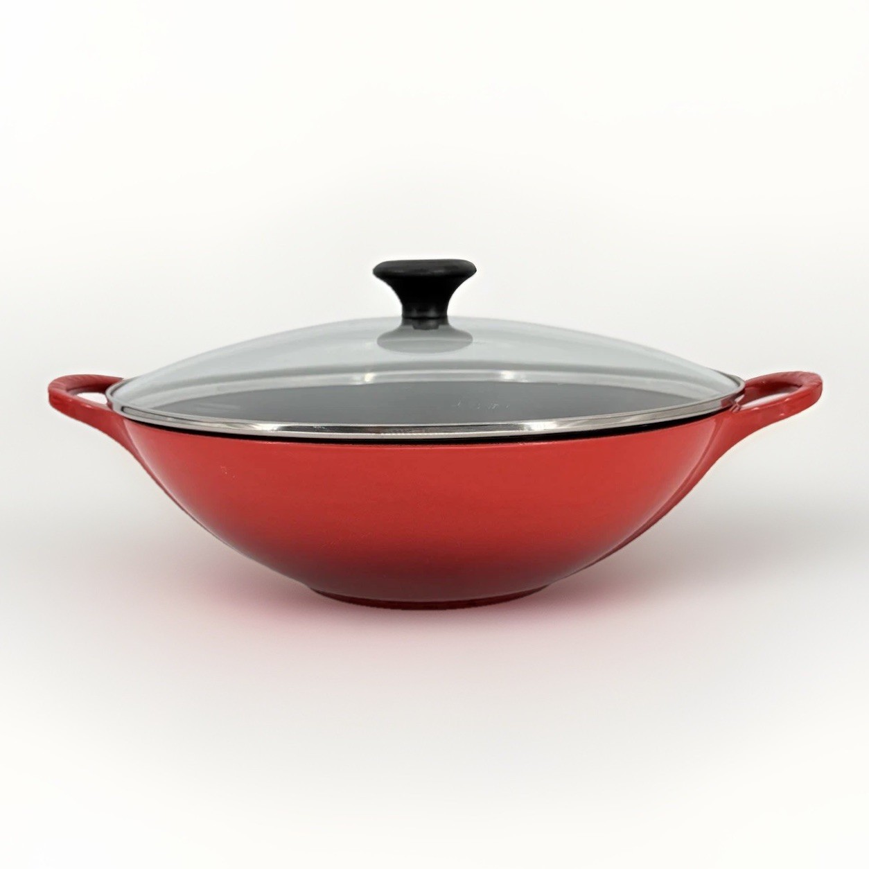 Le Creuset 32 Flame Red Cast Iron Wok 32cm w/ Glass Lid France Enamel