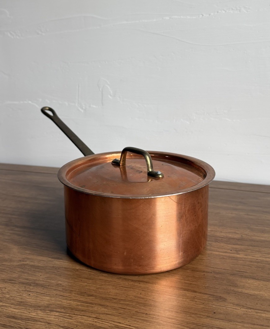 Vintage Copper Sauce Pot Tin Lining with Brass Handles