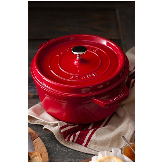 Staub Round Cocotte 4 Quart 9.4 inches 24 cm Large Double-Handed Cast Cherry Red