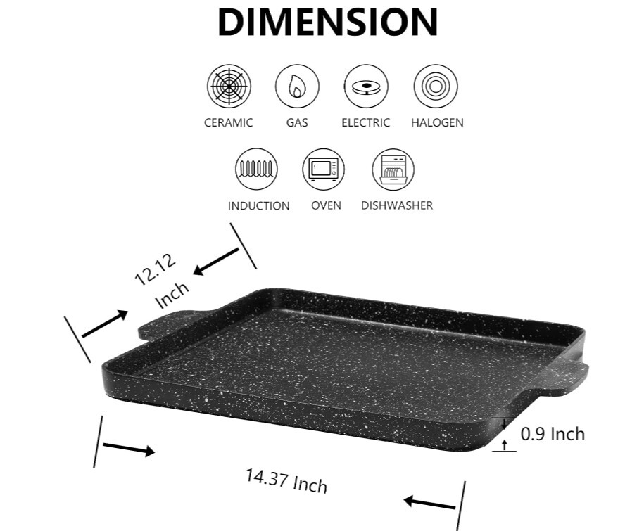ESLITE LIFE Nonstick Flat Griddle Plate 12” Square Grill Pan Y-FKPS30