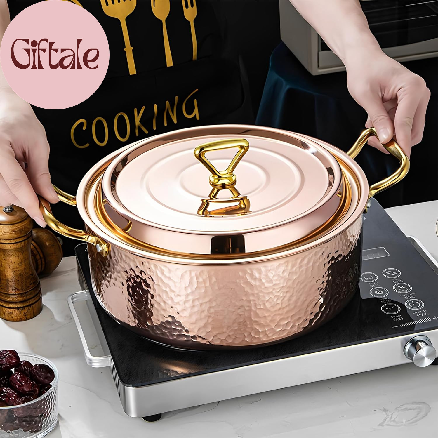 4.2QT Hammered Stock Pot with Lid, Copper Rose Gold, Tri-Ply Stainless Steel, Mu