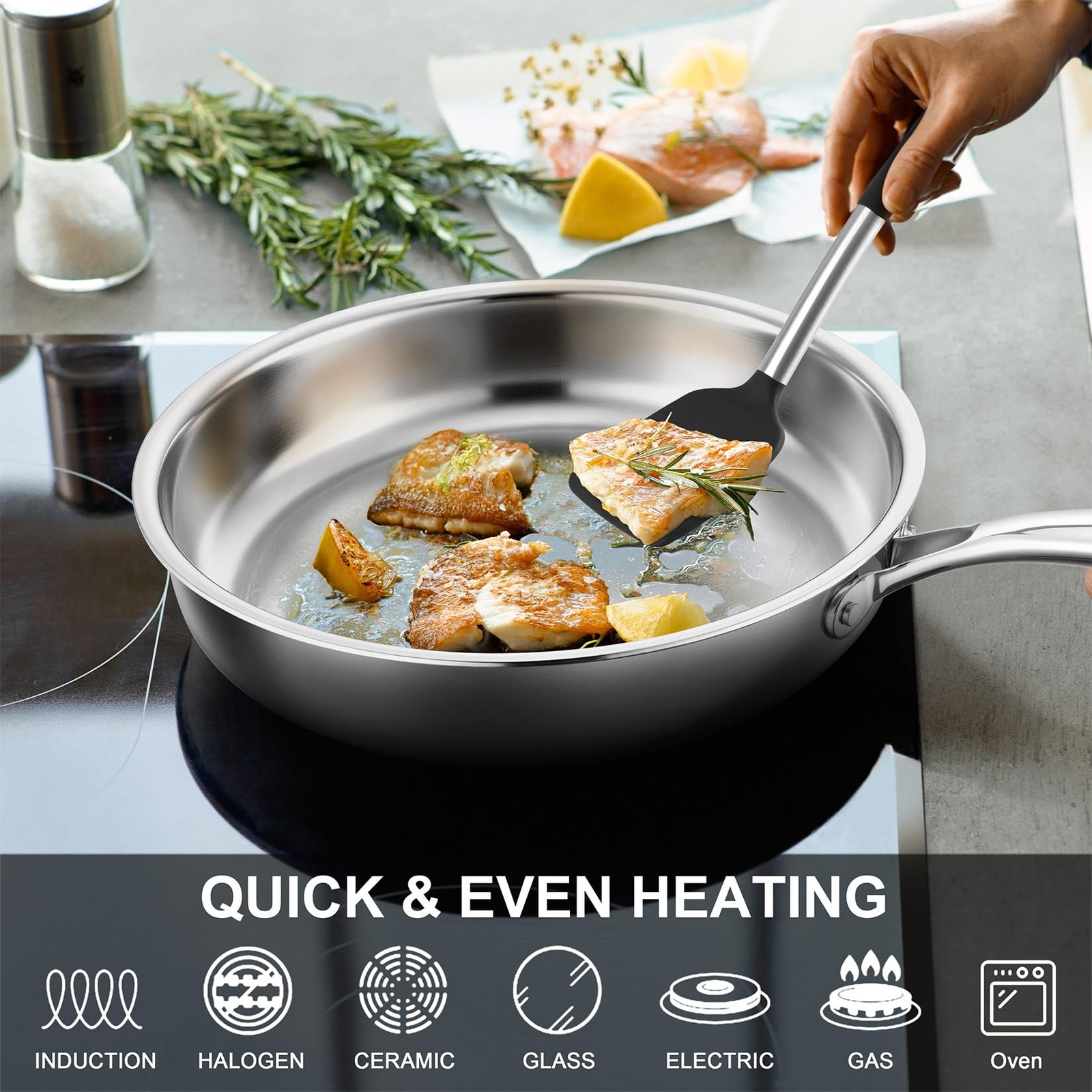 12 Inch Stainless Steel Frying Pan, 3-Ply Stainless Steel Pan Skillet, Induct…