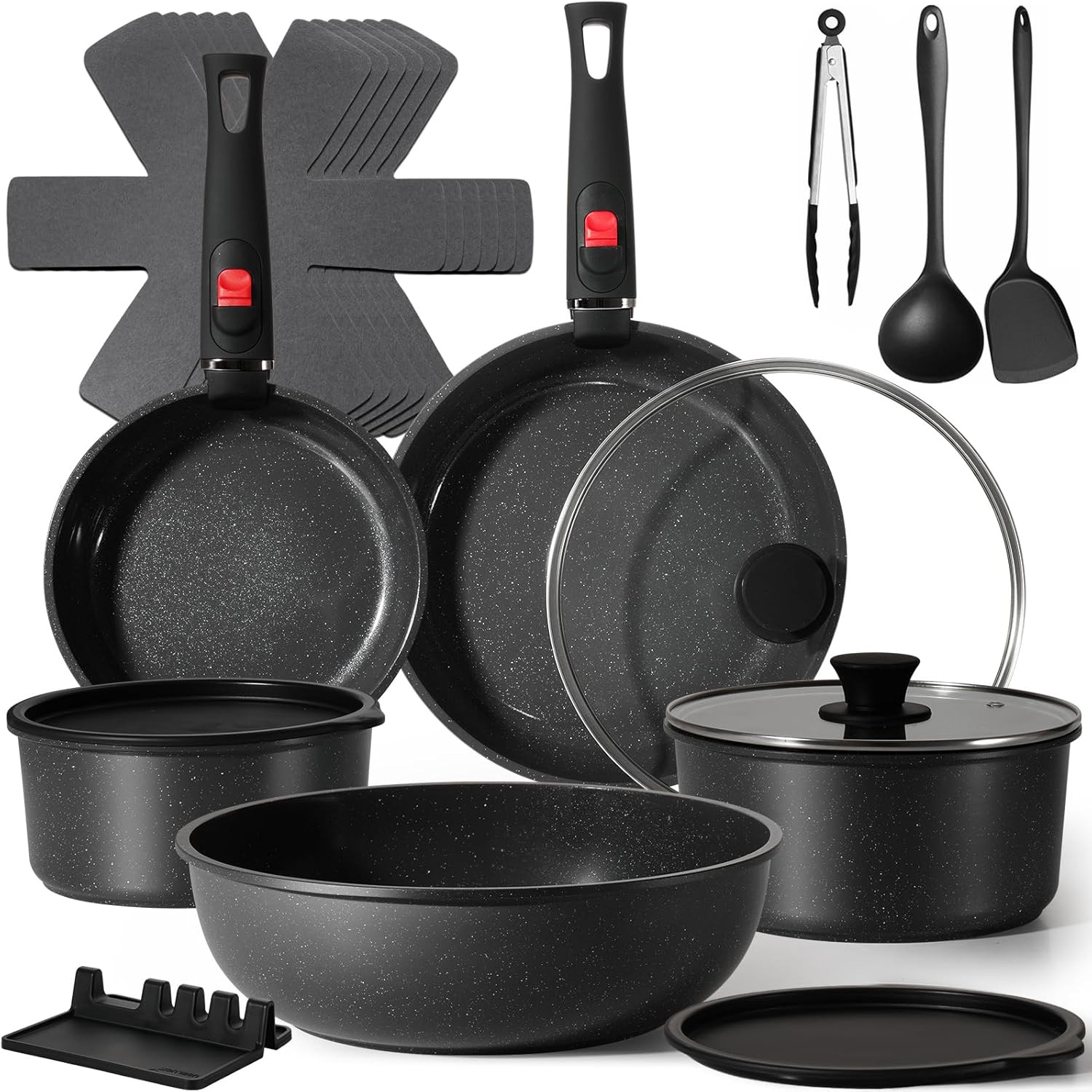 21Pcs Ceramic Pots and Pans Set Non Stick, Kitchen Cookware Set with Detachable