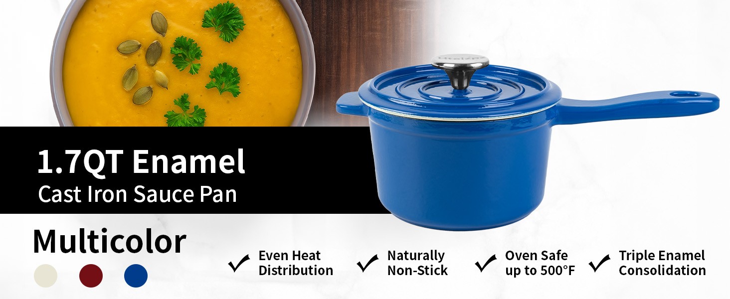 Enameled Cast Iron Sauce Pan with Lid, 1.7 Quart Saucepan with Lid, Small Dutch