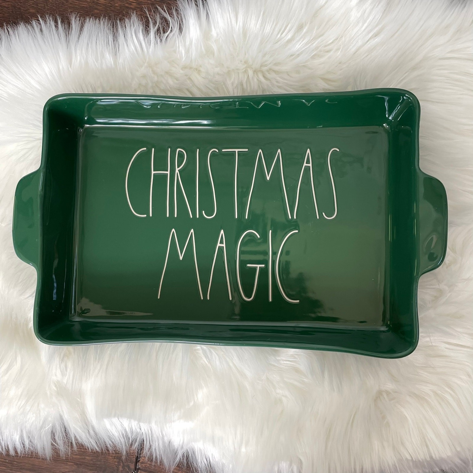 Rae Dunn Christmas Magic Lasagna Dish Ceramic Baking Green Magenta FLAW CHIPPED